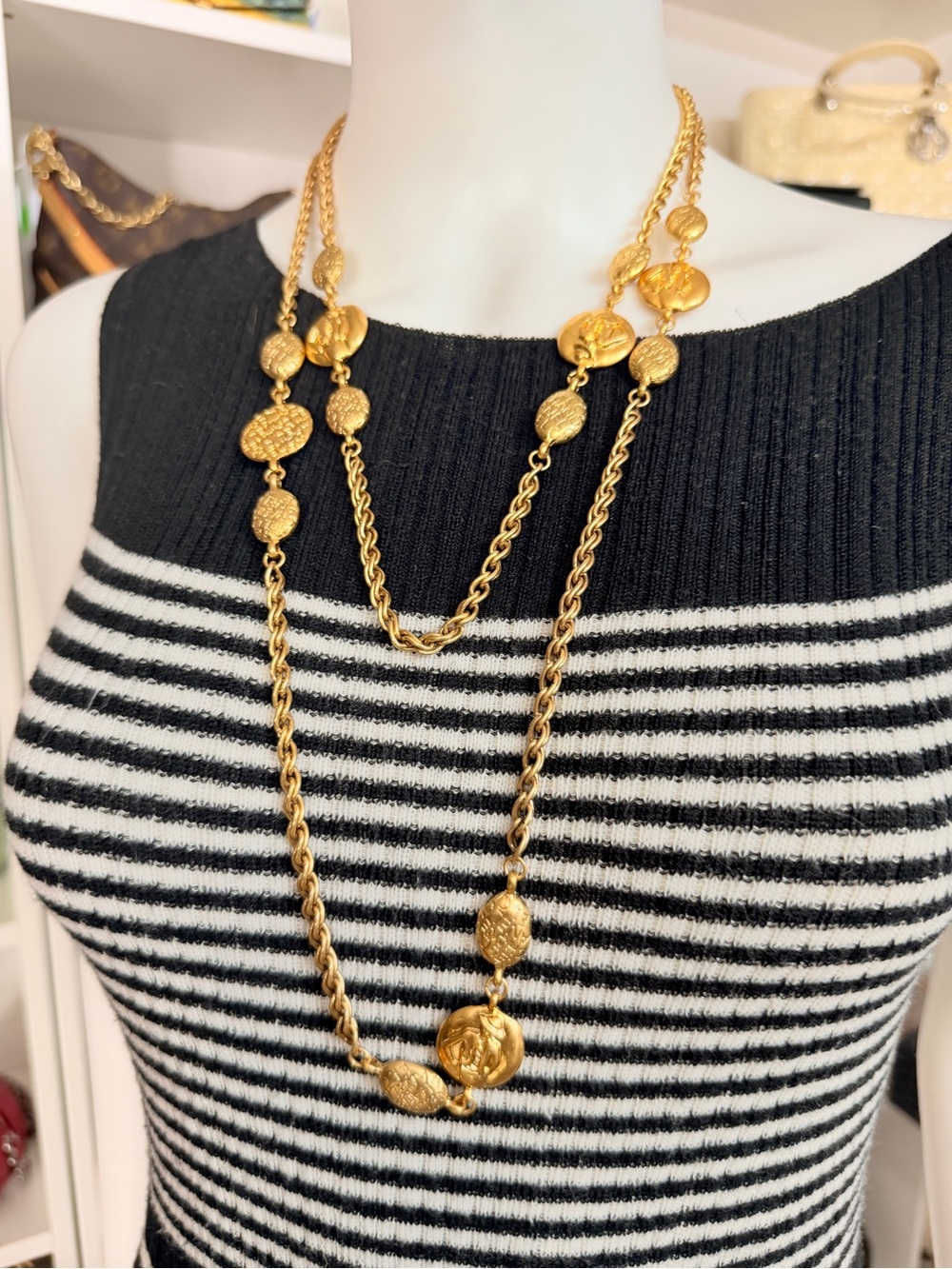 CHANEL Rare Coco Mademoiselle Silhouette Long Gold-Tone Coin Medallion Necklace